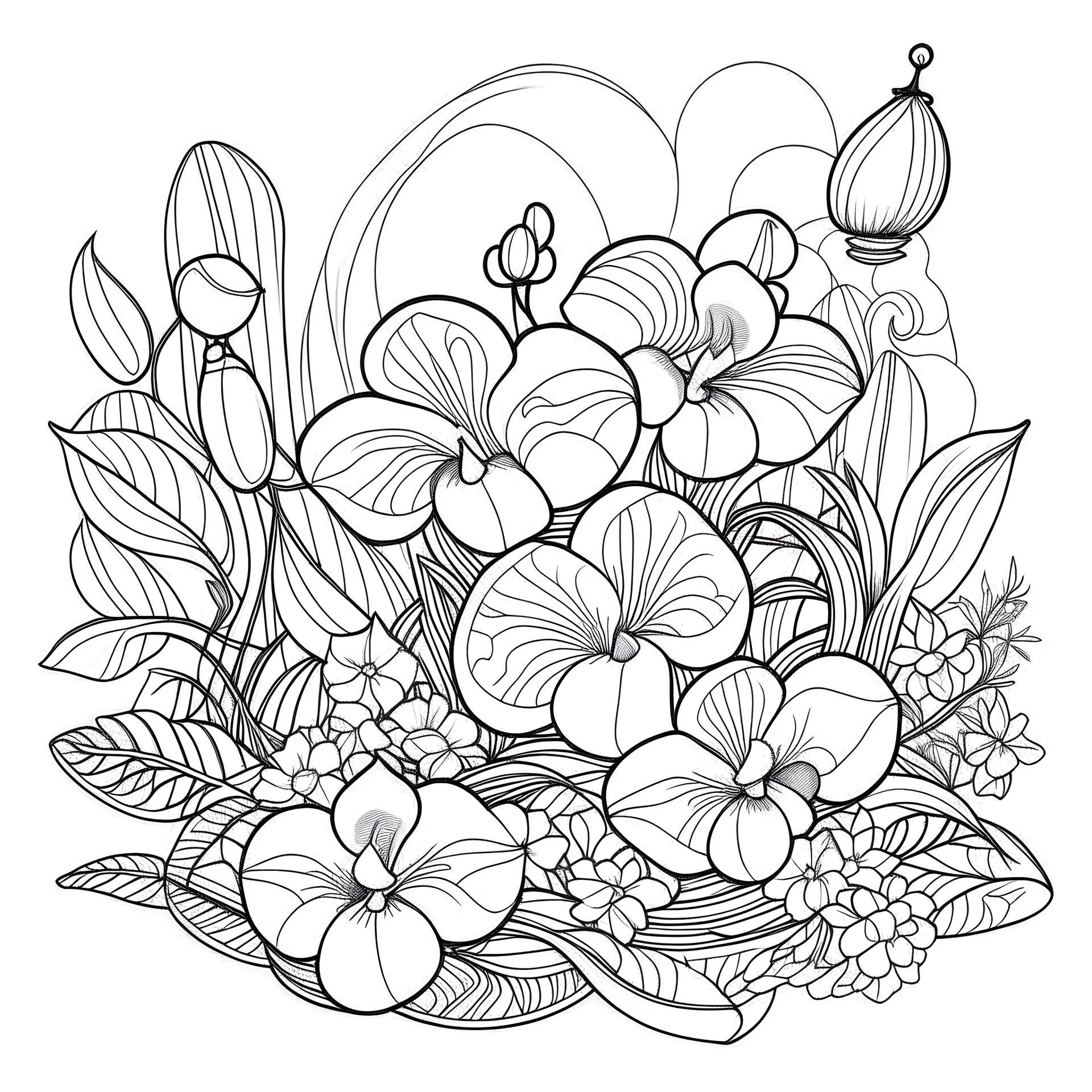 outline art for visually rich appealing heart in ikebana orchids plumeria rounded stones candles, coloring page for kids, white background, fit to page, only use outline, clean line art, no shadows, clear and well outlined