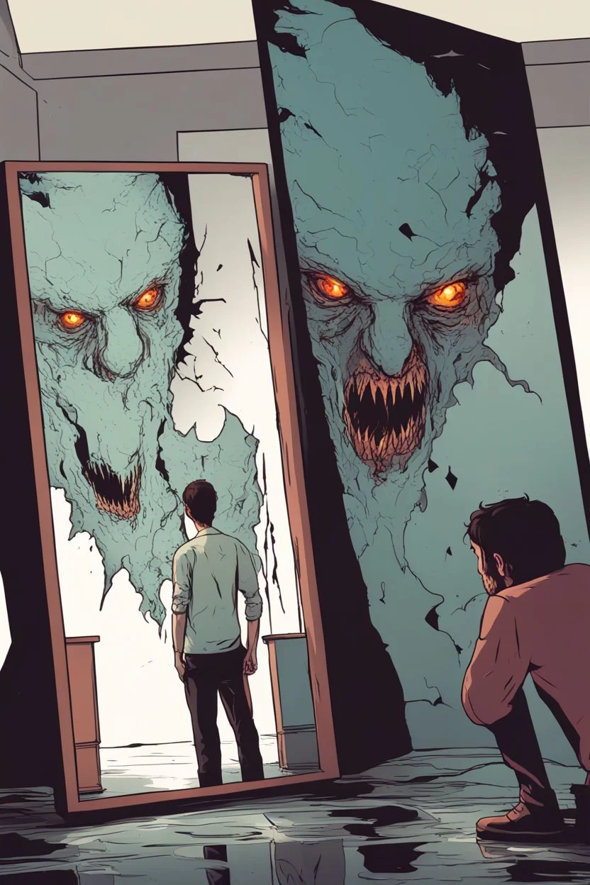 a man looking into a shattered mirror and seeing a horrifying, abstract deranged monster in his reflection