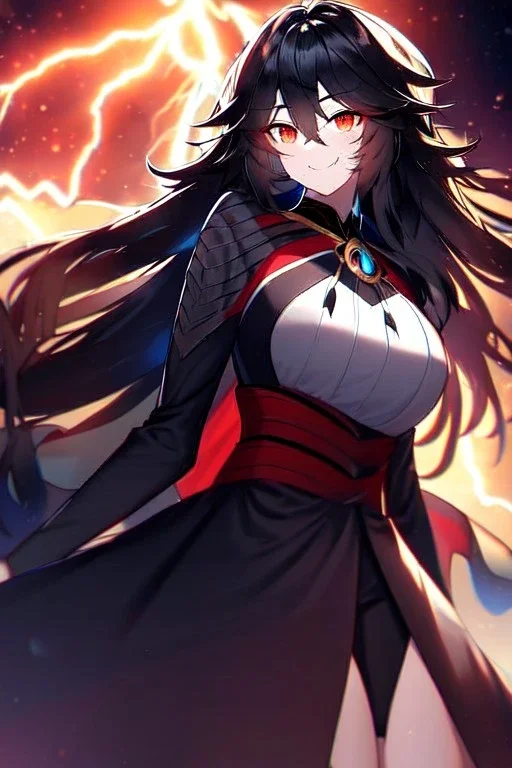 girl, masterpiece, best quality, cinematic lighting, detailed outfit, vibrant colors, perfect eyes, red eyes, long hair, black hair, messy hair, hair between eyes, depth of field, ray tracing, lightning magic, angry, smile,