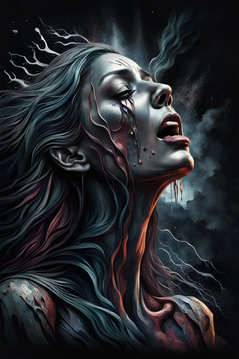 Hyperrealistic human woman cry and howling, pain, thriller, alone, dark colors, sharp focus, surreal shapes, faded colors, dark mood, surreal, dramatic atmosphere. intricate, stunning textures , mystery. stunning illustration