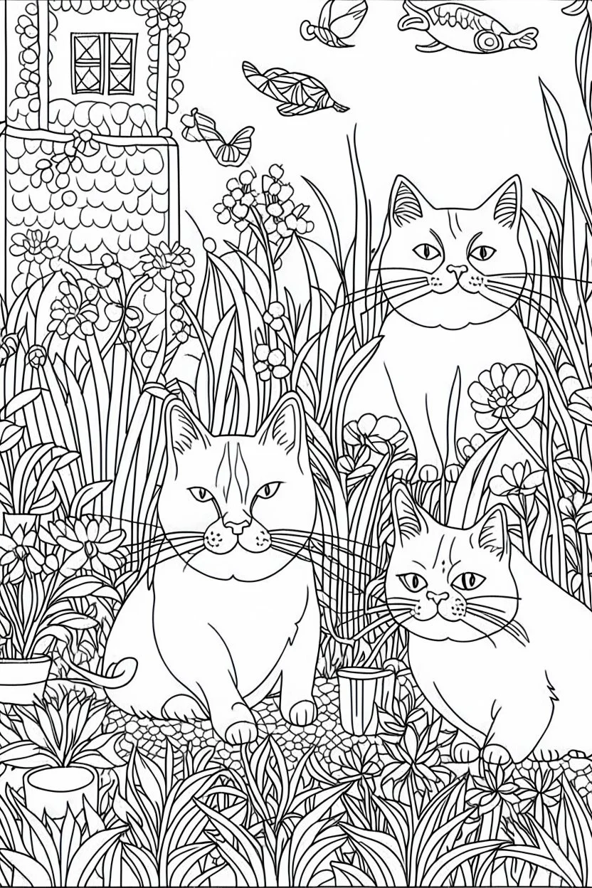 Outline art, cats in the garden, cartoon style, low detail, --ar 9:11