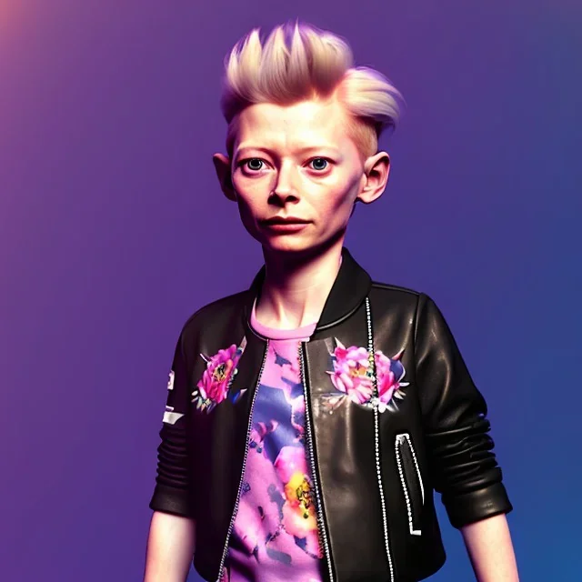 Tilda swinton toddler, full body, leather jacket, floral shirt, floral skirt, Nike sneaker, soft skin, city background, dramatic lighting, hyper realistic