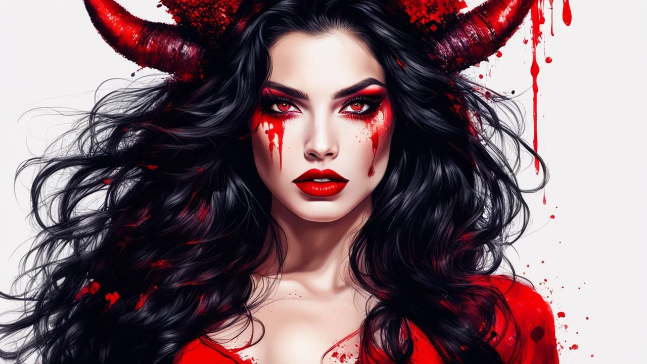 SUPER PRETTY WOMAN, RED EYES, RED MAKE-UP SCRASHED, INTENSE LOOK, DIRTY, BLACK LONG HAIRED, RED LIPS, SMALL HORNS, beautiful artwork, vibrant colors, 4k, high quality, high detailed, whiteness background.