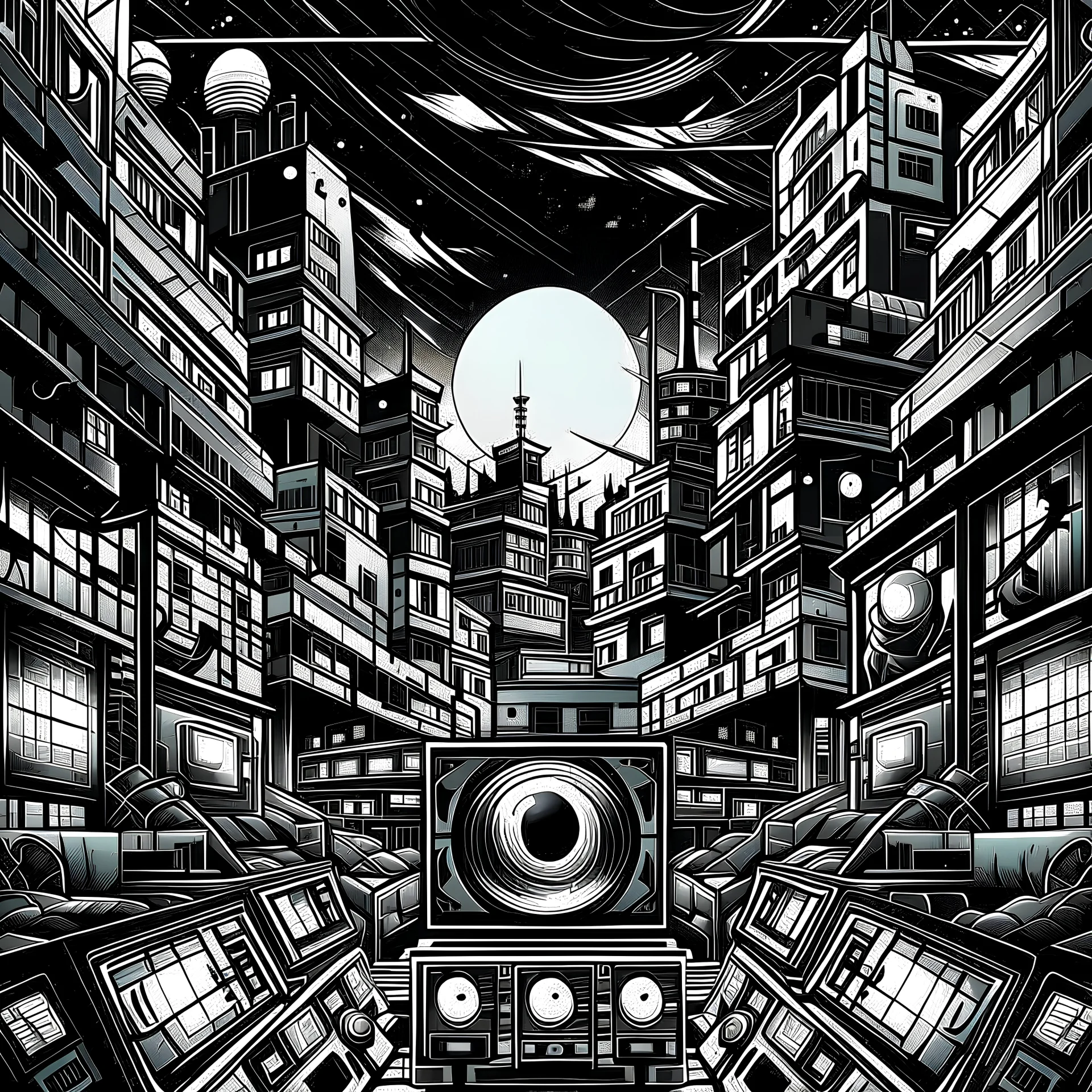 album art, vintage, hip hop, electronic, anime, discipline, city, art design, shapes, centered, symmetrical, black and white