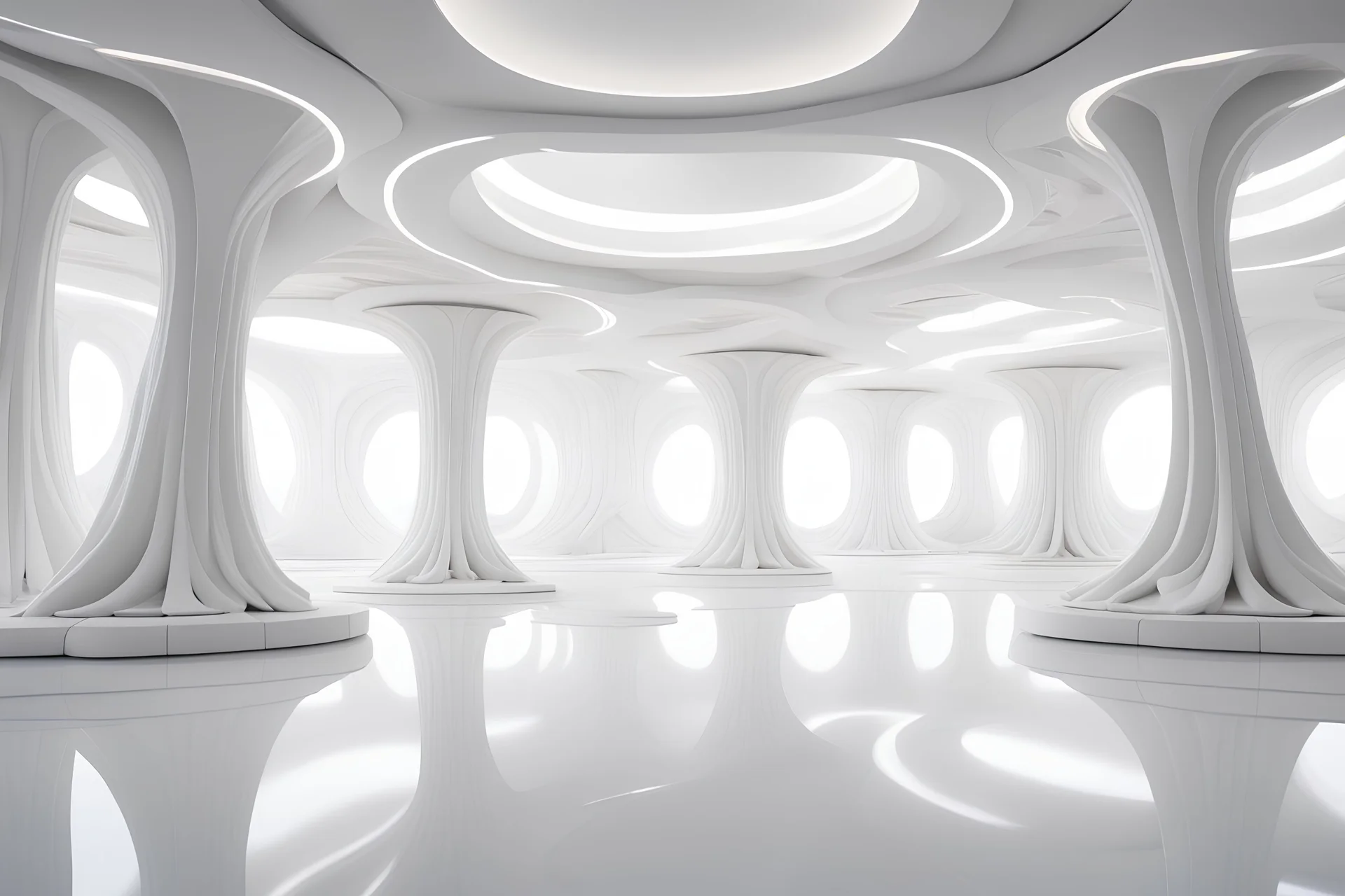 futuristic white room with large organic shaped beams and columns with organic shaped embellishments and details surrounding the empty room. the flooring is flat but has organic shaped details, There's a platform in the middle of the room. the lighting is bright white and the atmosphere is sci-fi