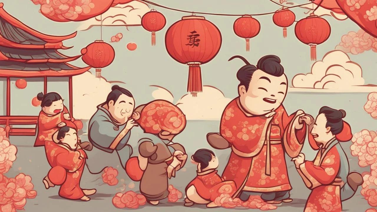 fantasy cartoon style illustration: chinese new year celebration