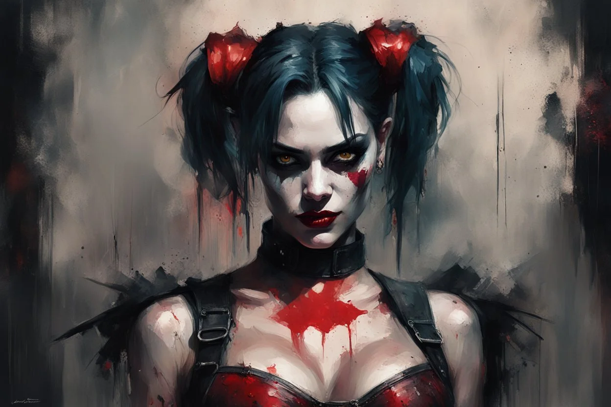 realistic portrait of harley quinn Digital Oil painting in the style of Jeremy Mann, bold loose brushwork, speedpainting, incoherence and chaos. Portrait of a black haired demoness stunning. Messy grunge gritty. Red eyes. wearing black leather corset. Dark colors subdued. Moody ambiance, impressionistic painterly ray tracing. Reminiscent of the surreal style of Miyo Murakami and Natalia Drepina