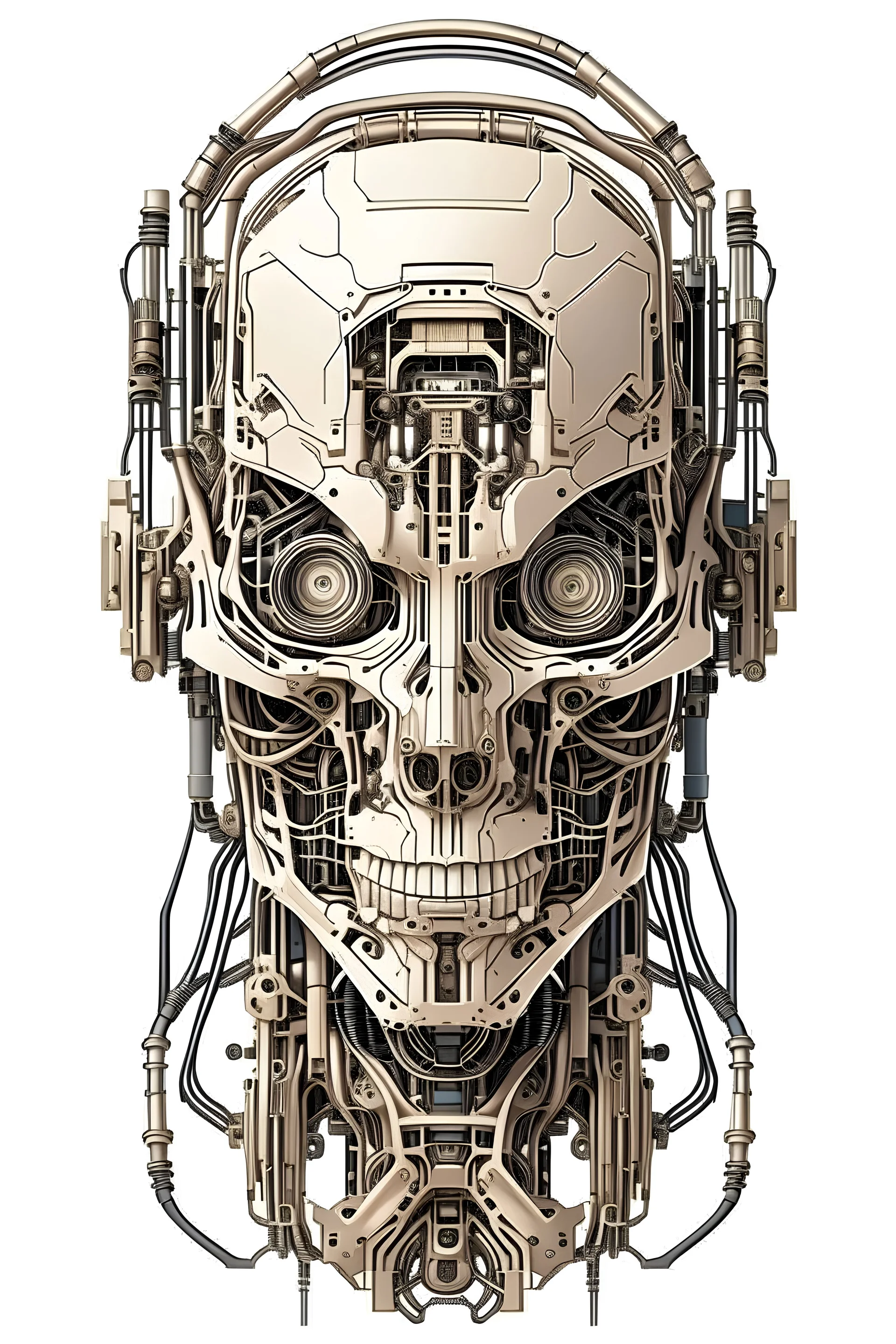 Realistic, beige, cyberpunk, biomechanical frontal frame no background