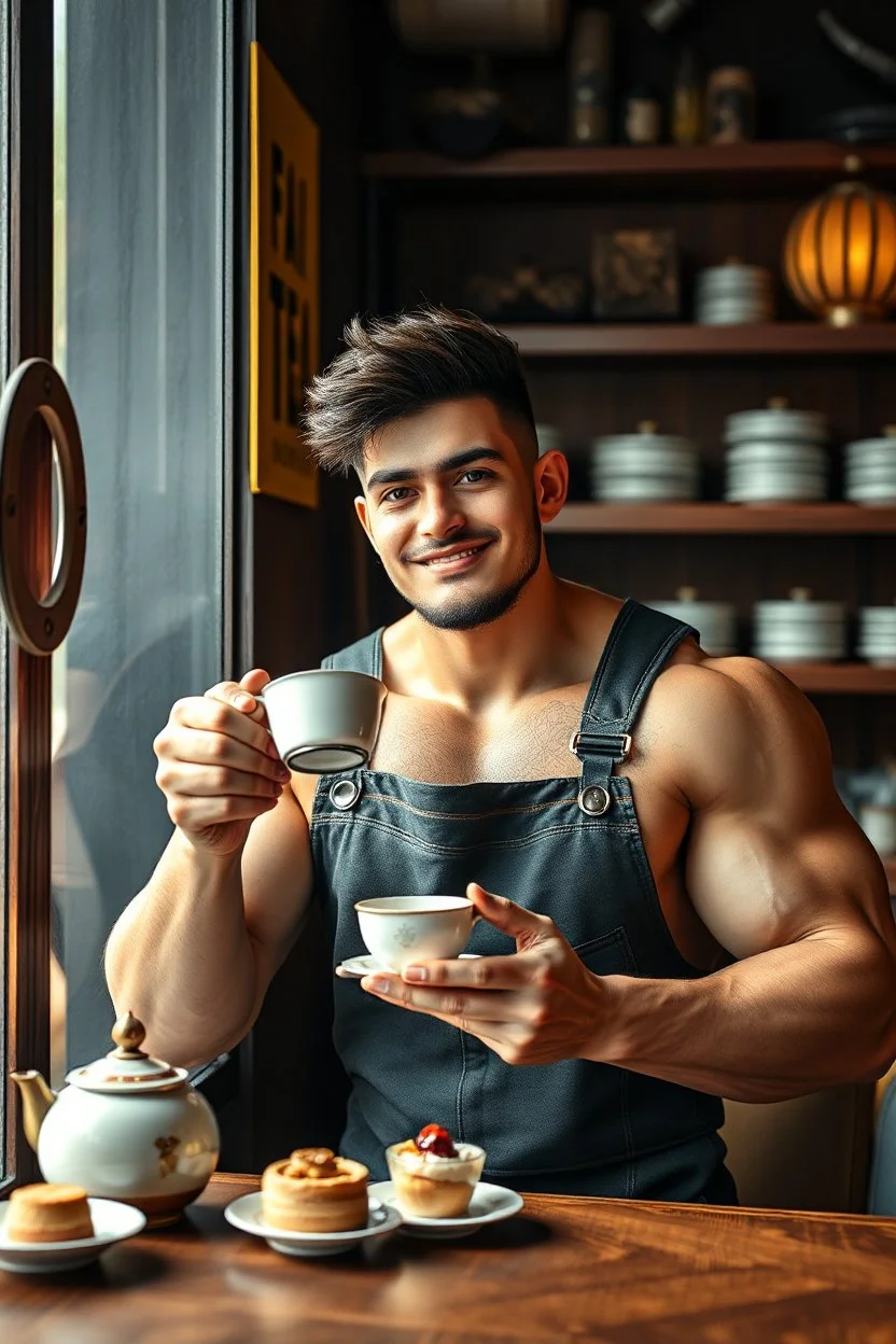 BOYISH CUTE FLUFFY young mechanic man with huge muscles and his top off enjoying high tea by himshelf with little cakes, with large title( - FAG - BOI TEA HOUSE)