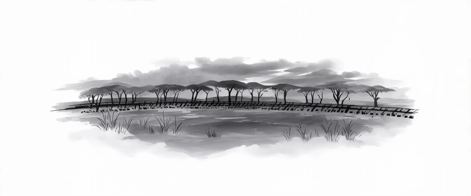 side of old western railway track, overcast sky, vignette children's book illustration