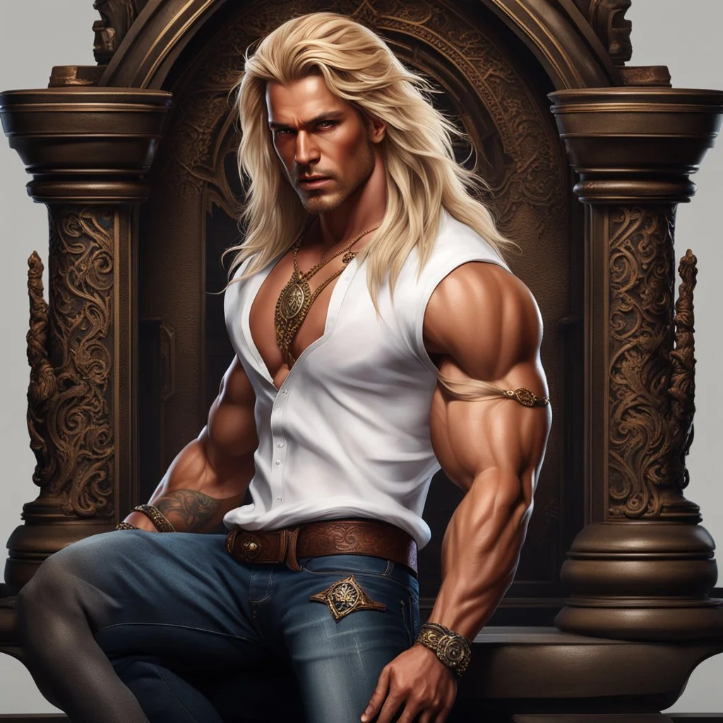 handsome king, muscular, long blonde hair, male age 30, wearing jeans and a white shirt, tan skin, tattoos, jewels, photorealistic 4k dark fantasy