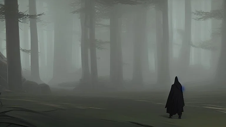 black robed and hooded monks walk through the forest