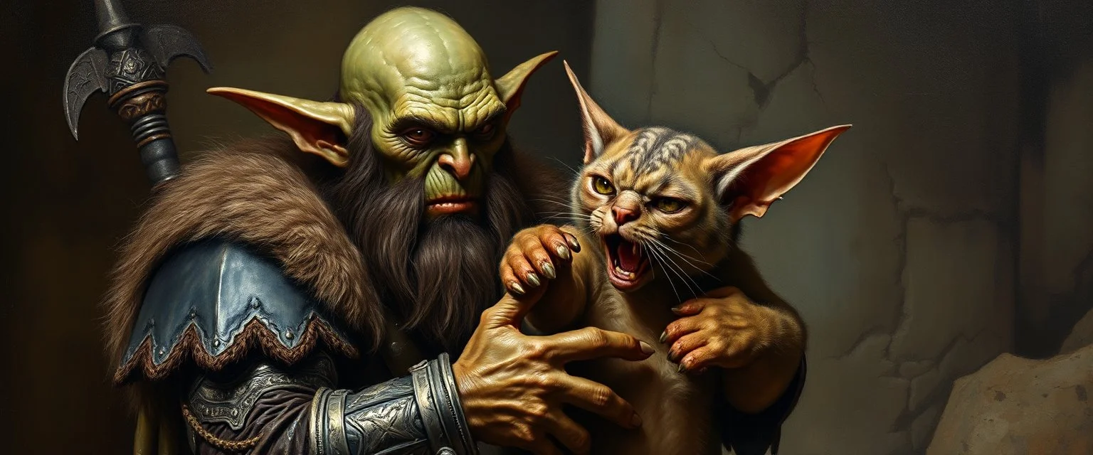 master oil painting by Rembrandt, fantasy orc soldier holding and petting a big ugly cat gremlin