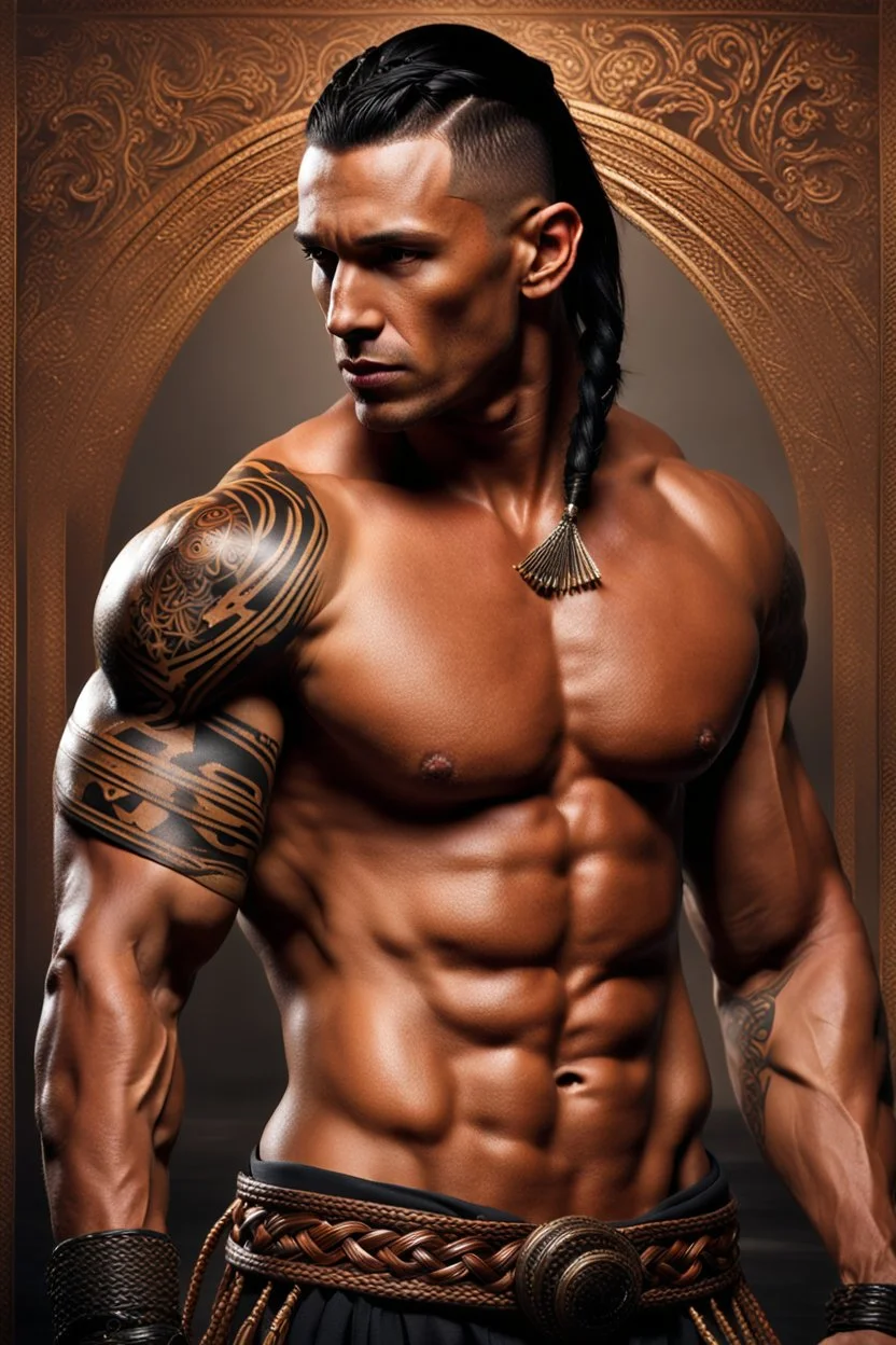 portrait of a 35 year old Handsome muscular warrior with tanned skin adorned with tattoos and dark braided hair. photorealistic