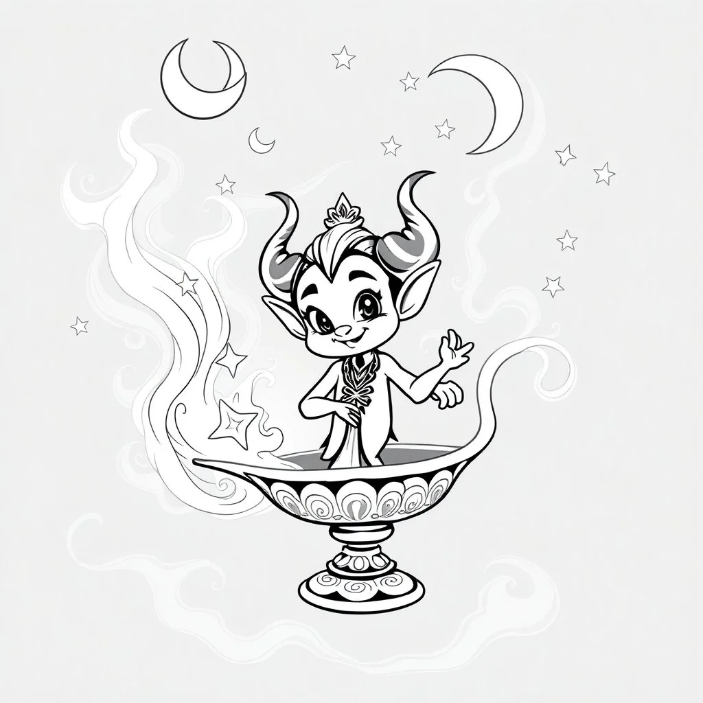 Make black and white cute drawing of a jinn with black bold lines. Only outline, no grayscale. An oriental djinn emerging from an antique lamp, surrounded by swirling smoke filled with stars and crescent moons. The djinn has a mischievous yet kind expression.
