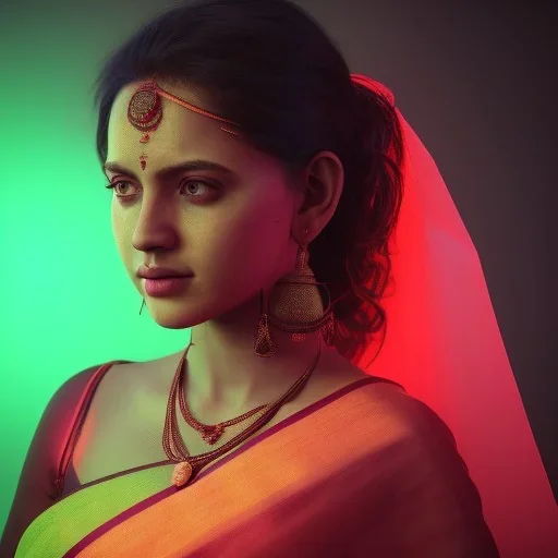 full frame photo of a girl in saree in dark room with neon light ,hyperrealistic,detailed,8k,cinematic