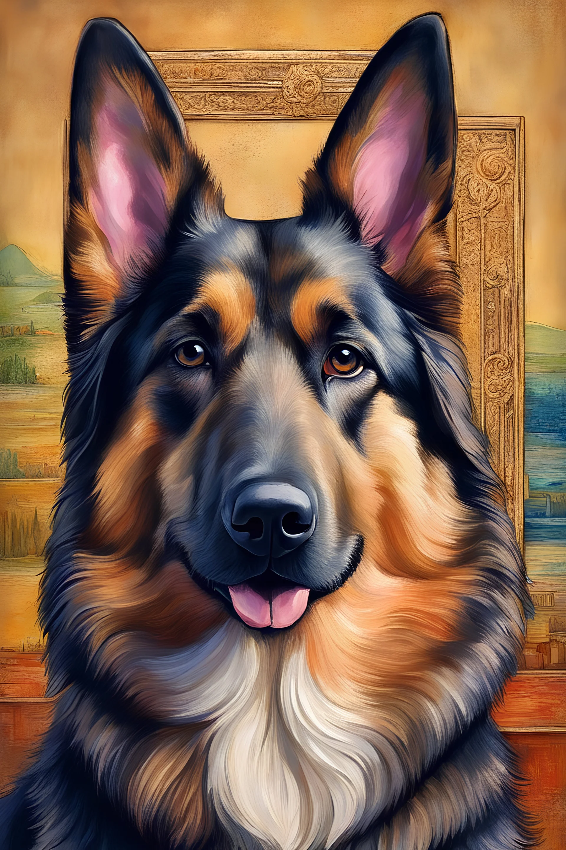 /imagine prompt: paint a German Shepherd dog into a unique masterpiece in the likeness of the Mona Lisa featuring her enigmatic smile on the cat by artist Leonardo DaVinci. The German Shepherd dog is to look like the Mona Lisa in this interpretation. Utilise crayons as the medium, capture the essence of DaVinci's iconic style.
