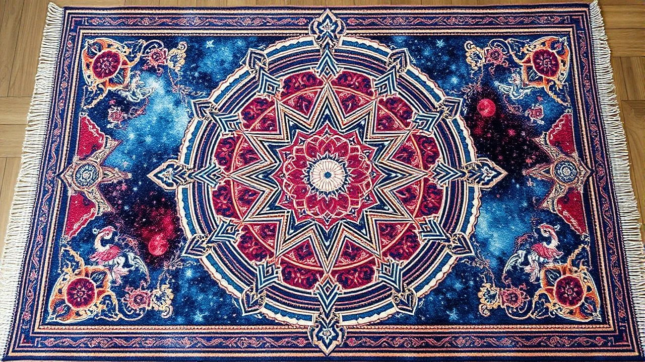 a beautiful rug with essential sacred geometry and cosmic cold colours