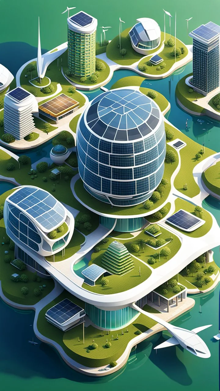 Create an isometric illustration of the floating city of Solglans, depicting it as a futuristic and sustainable urban environment. Show buildings with vertical solar panels on their rooftops, innovative wind turbines scattered throughout the cityscape, and green spaces integrated seamlessly into the urban fabric. Emphasize the use of advanced technology, such as smart grids and wireless communication networks, to convey the city's commitment to innovation and sustainability.