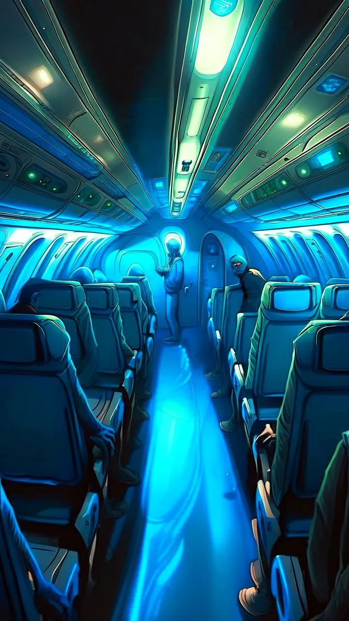 inside a commercial airplane an alien is walking in isle between the seats equipped with scared passengers Bosch painting style