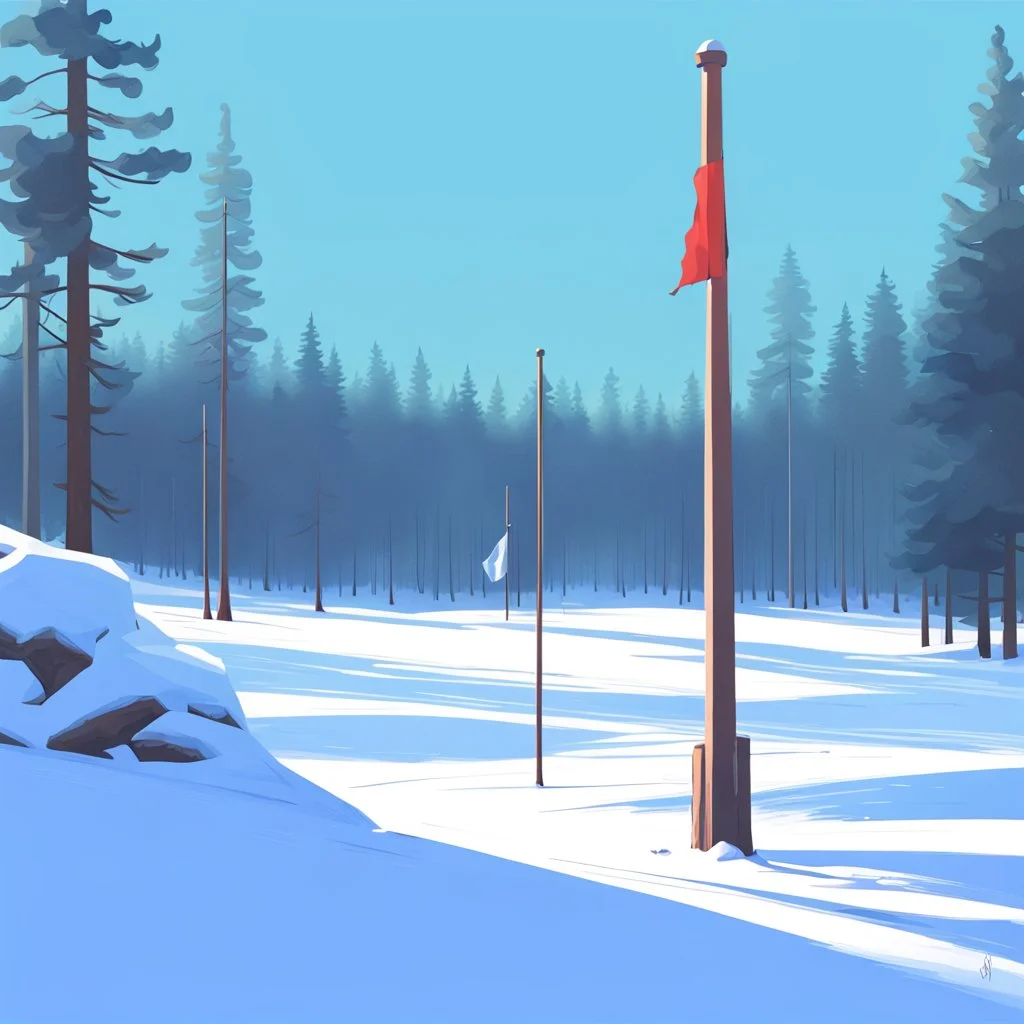 forest, Winter, snow, very cold, Finnish flagpole, Finnish flag, Simon Stålenhag style