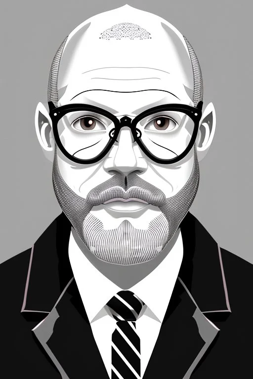 black and white,real estate agent,bald white male with grey beard,55 years old,metal wire frame glasses,, necktie,portly,detailed drawing,white background