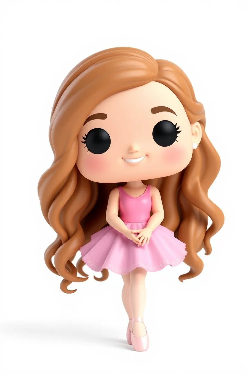Funko figure of a very young female, smiling, long very wavy light brown hair, wearing a ballerina dress, pink dress, ballet, very cute, ballet pose,. typography, 3D render. White background