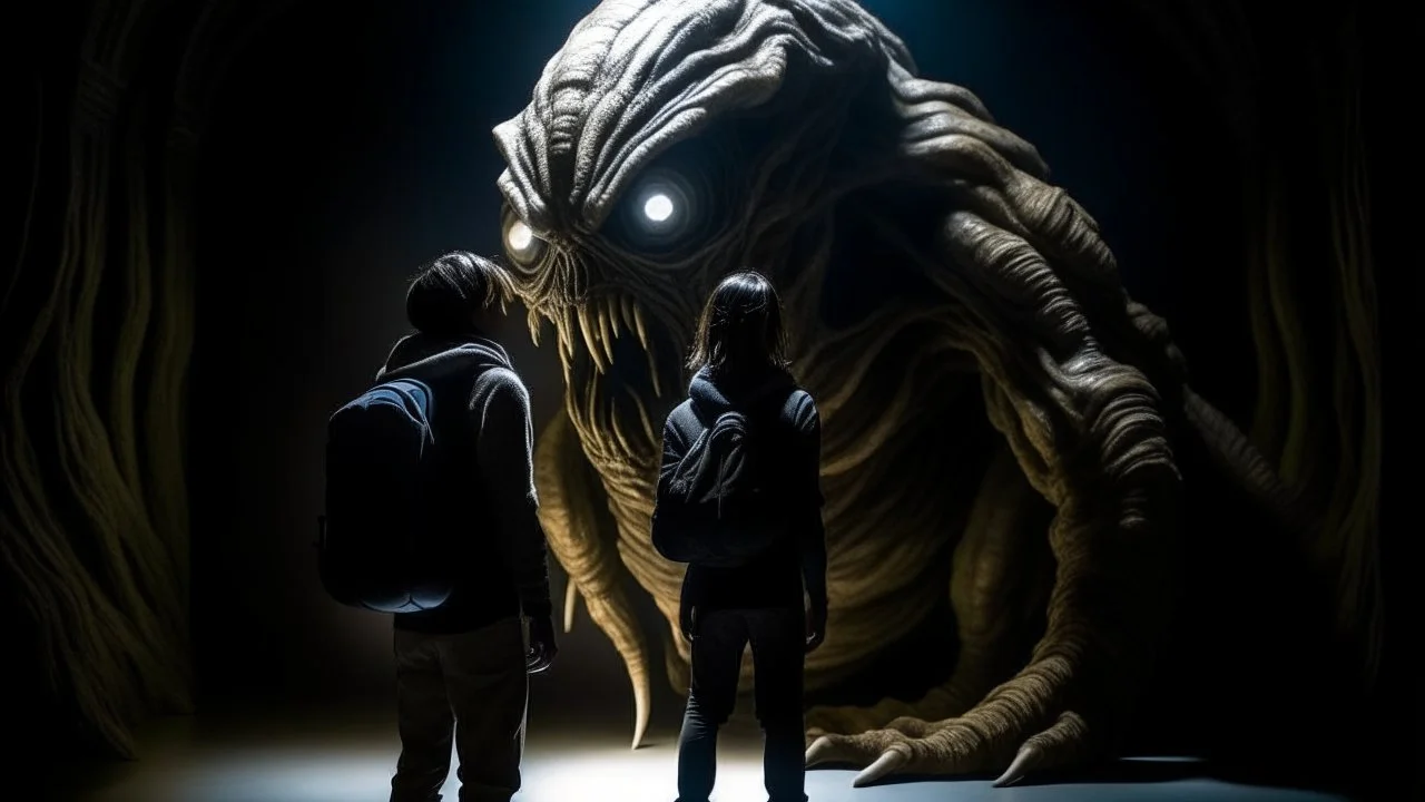 شخص واقف امام وحش مخيف للسفر عبر الزمن الشخص ينضر الا الوحش المخيف ولجو مخيف ومضلم