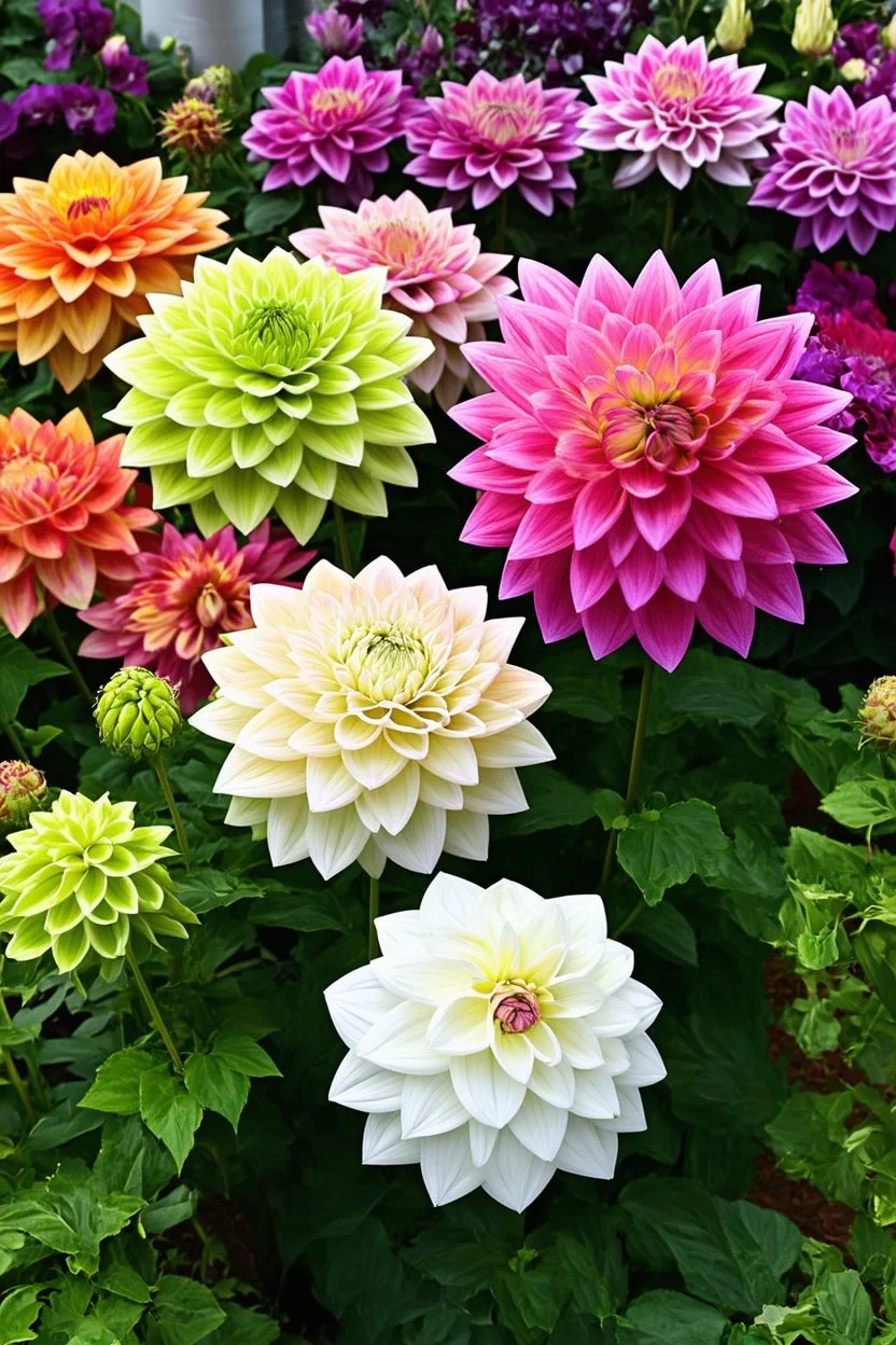 PInk, white, and green Dahlias dotted with purple next to sunset purple, pink, and orange gradiated Dahlias in bloom; Georgia O'Keefe meets Jean Haines