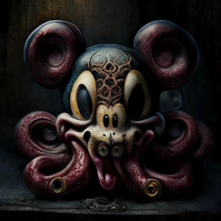 octopus mickey mouse hybrid, photorealism, horror, evil, hungry, rotted, high resolution,