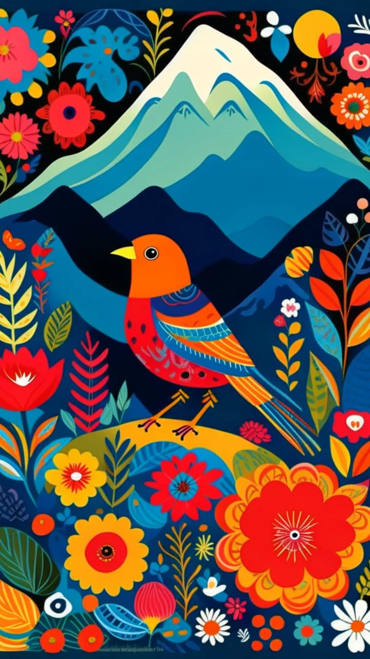 A Birds and Flowers, Kids can have fun the different patterns and designs on the body. Design with a bird standing in a grassy meadow with mountains. in the background." with bright and happy colors. and whimsical decorations. in vibrant hues