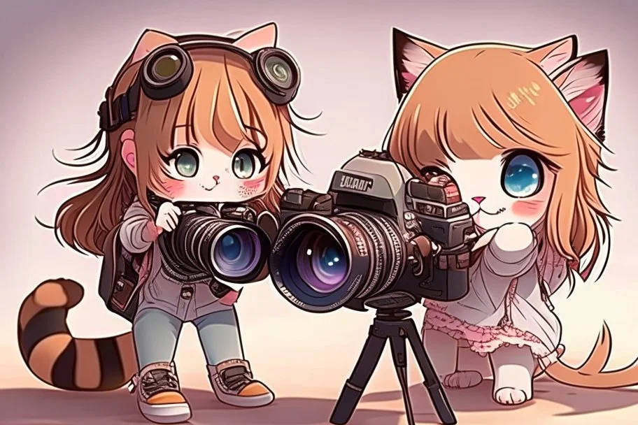 cute chibi photographer cat taking photos about a sexy cat girl