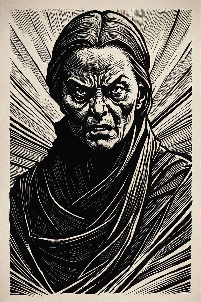 create a deeply powerful evocative, full body woodcut of an angry cursed woman with finely detailed and deeply cut facial features, in the style of KATHE KOLLWITZ , searing lines and forceful strokes, hyper detailed and precisely cut