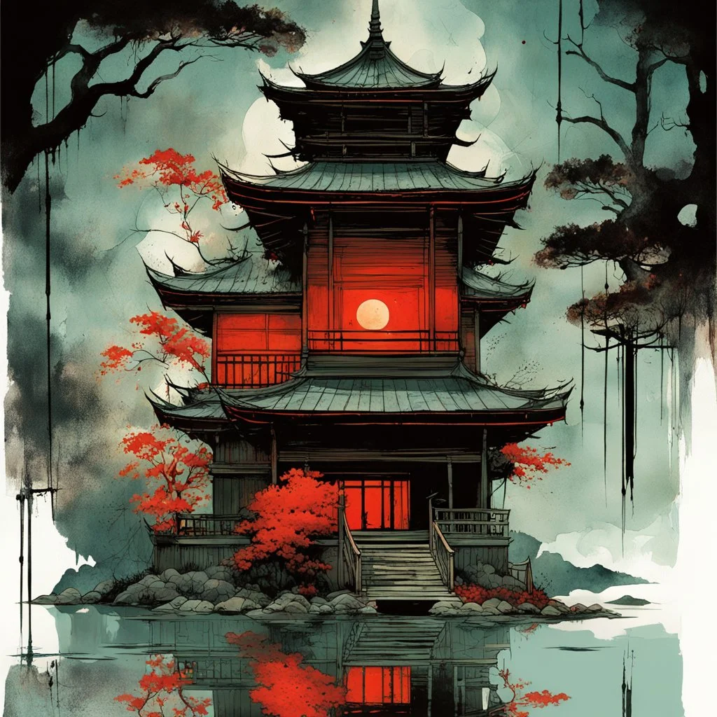 Dramatic nighttime haunted Japanese pagoda on the banks of a red lake bathed in fog, astral ghosts menacing the sky, haunted undetailed gaunt figures on the porch, by Victo Ngai, by Stephen Grammell, by Russ Mills, professional watercolor with dripping paint diffusion, dark colors, sinister haunted house horror art, surreal, expansive.