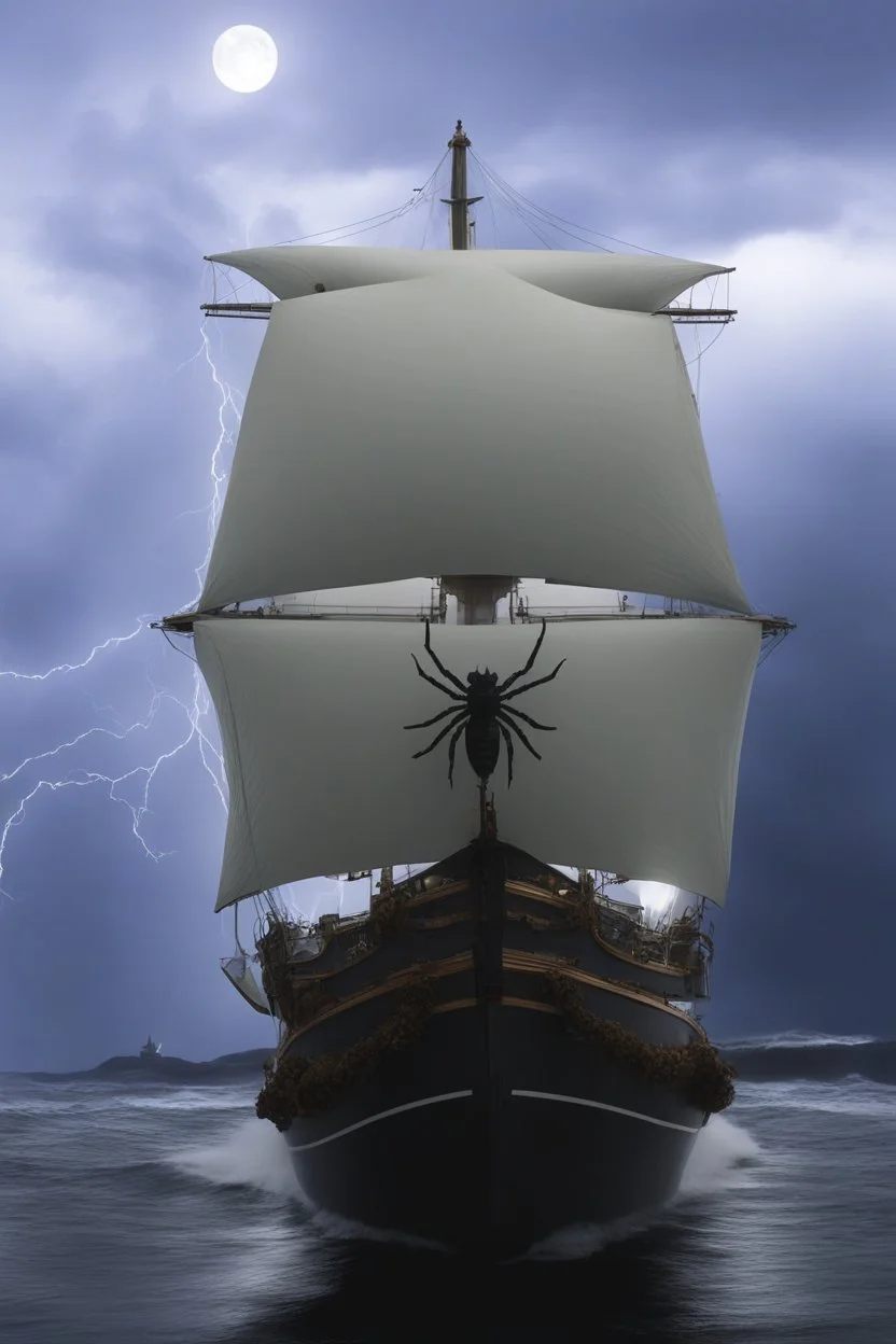 Ship front view with a Spider figurehead at night in a storm with giant waves