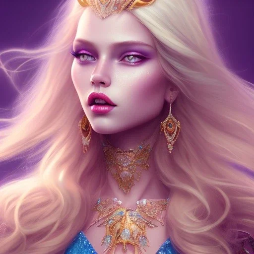 a princess with a lot of jewellery, long blonde hair, gold lipstick, blue eyes,with feather dramatic, dramatic lighting, pixar style, volumetric lighting, hyperrealism, 8k, high quality, photorealistic, lot of details