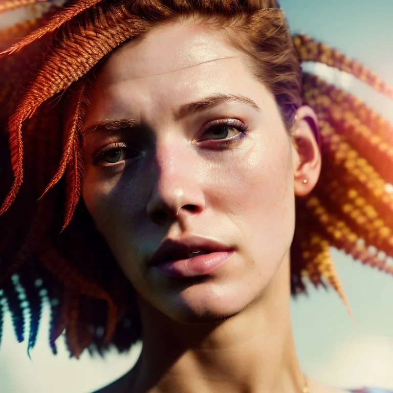 A beautiful portrait of a cyberpunk woman with lot's of grain on her skin red head with natural curly hair flying in the wind cyborg smiling facing camera orange color scheme, high key lighting, volumetric light high details with white stripes and feathers unreal 5, octane render, cinema4d, dynamic lighting, dramatic lighting, 4k, redshift render, highly detailed, hyper realistic