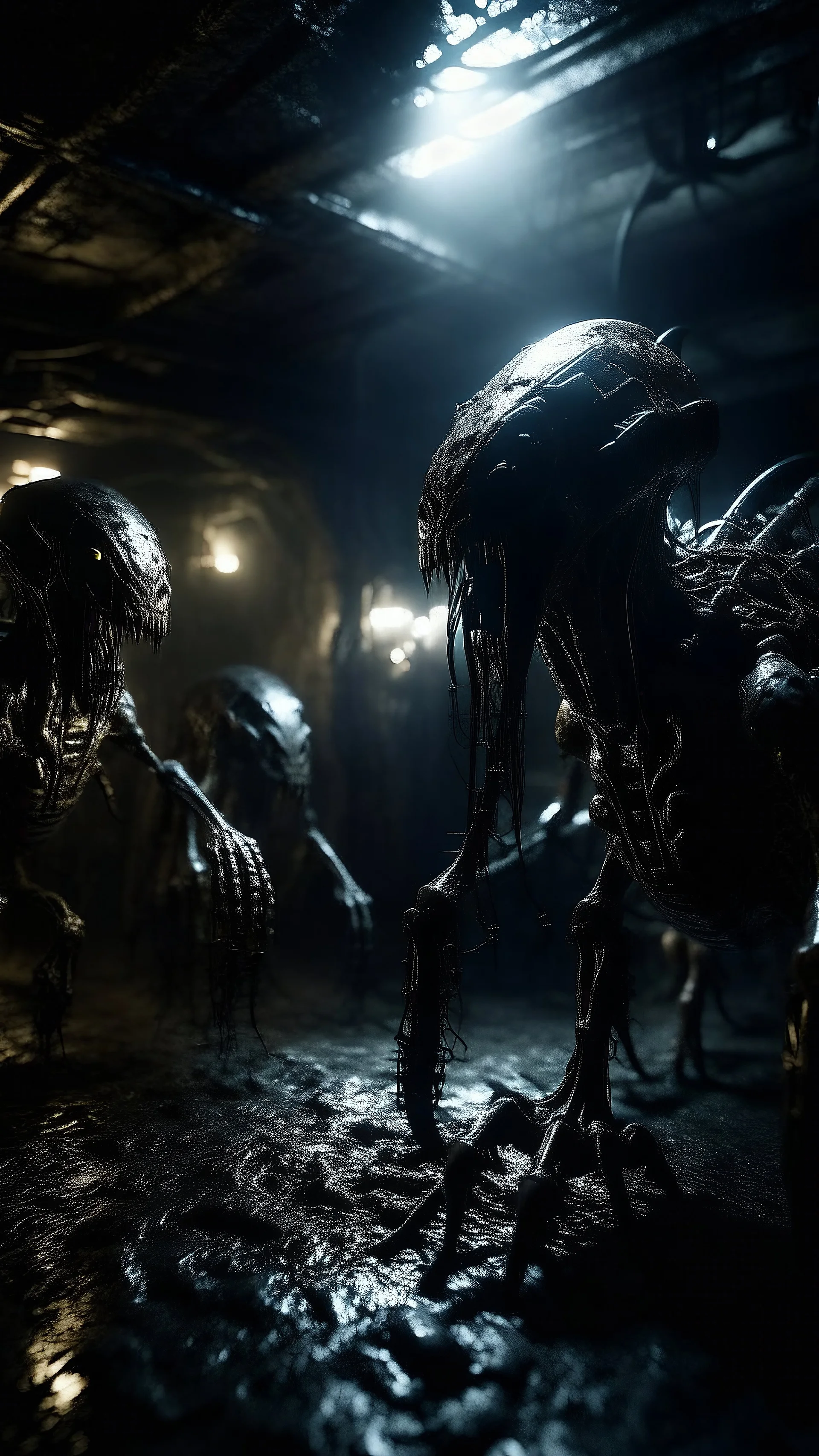 Si-Fi, a group of strange creatures warier inside The cave of Batman atmospheric lighting effects, intricate industrial details, moody atmosphere, eerie grimdark ambiance, complex motherboard accents, speculative fiction art. Bokeh, realistic image