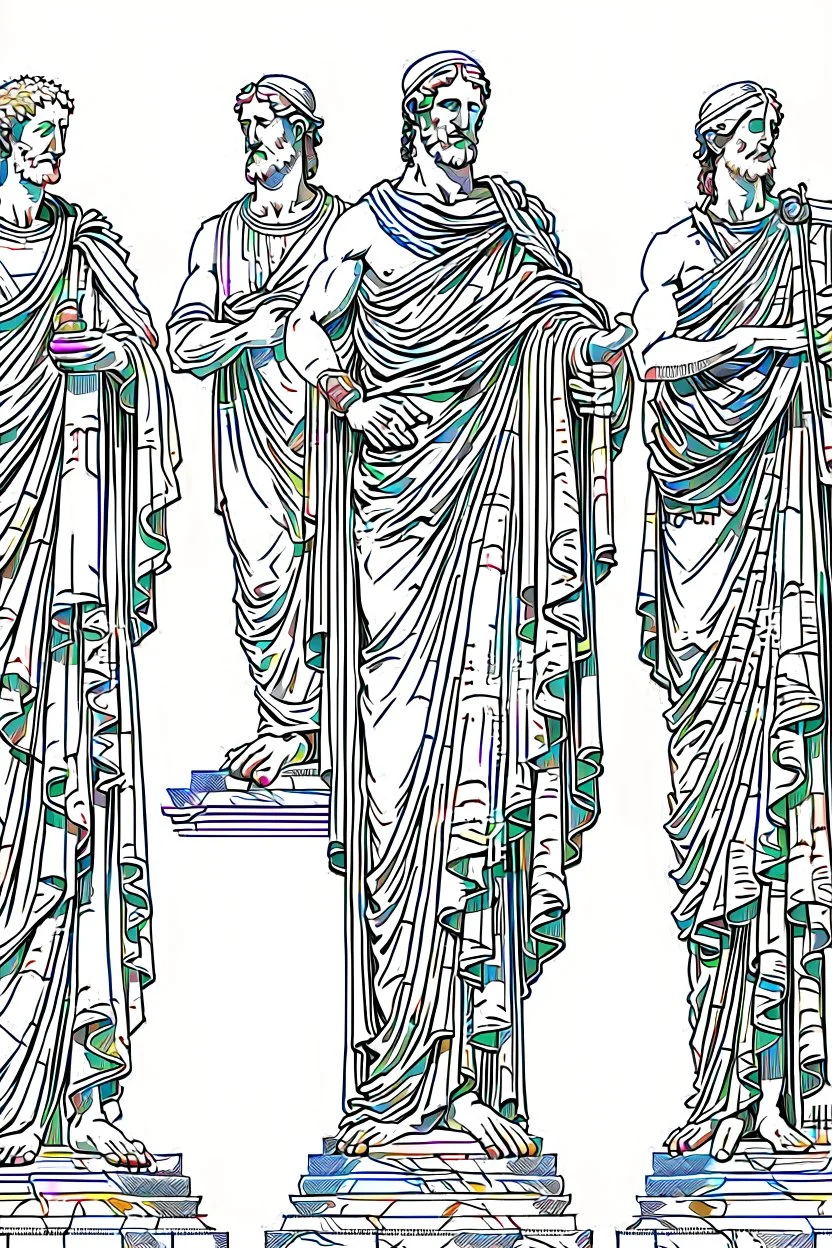 Architecture of ancient Rome of the II century AD Statues of ancient Roman gods contour reconstruction. The drawing is linear, in the style of vector graphics, black and white. High image quality in 8K