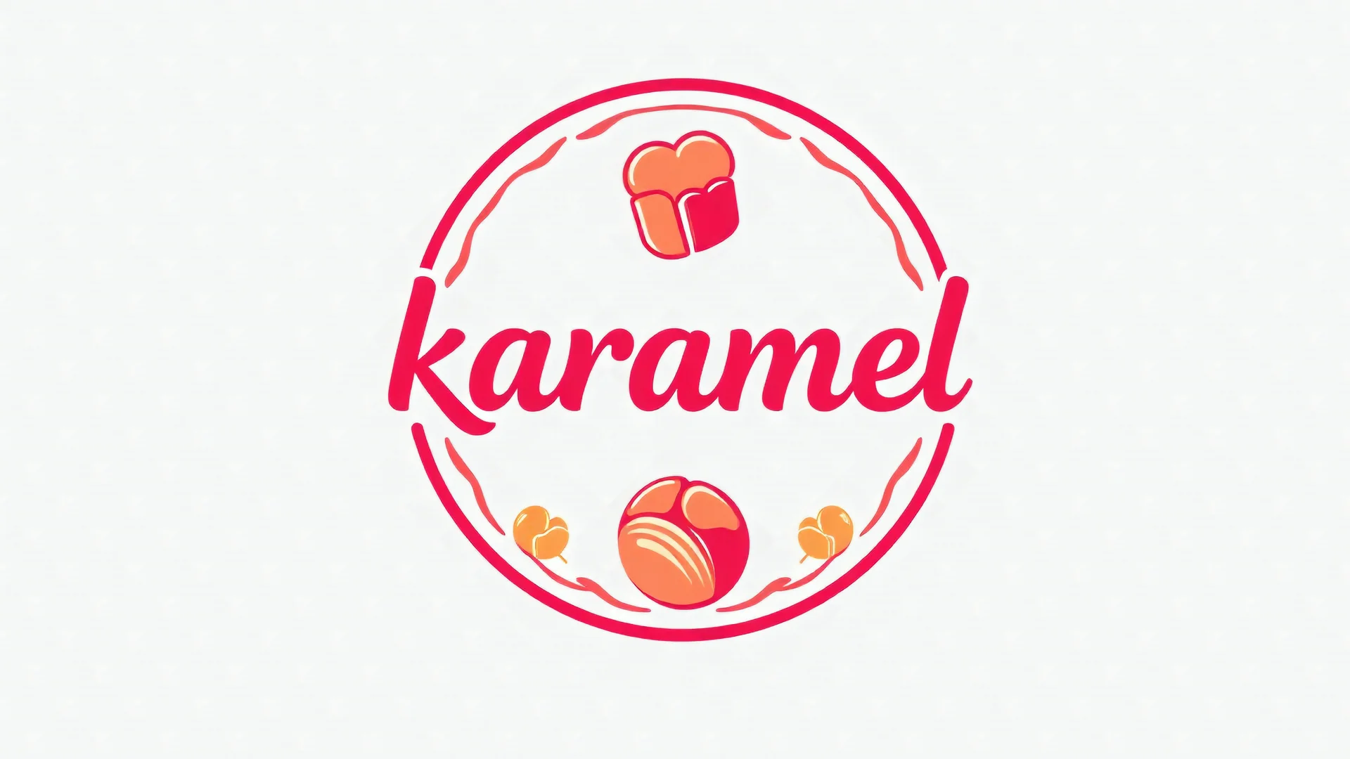 A round logo named (karamel) designed for a candy store with a red and pink gold color theme on a white background and the use of cream, chocolate and toffee candy icons in the design