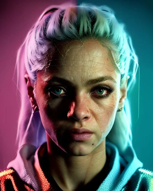 portrait, Shakira, blonde artist, angry, Realistic image, MMA robe, hoodie, mma gloves, loose long hair, eyes, make-up, gold line make-up, moisture, sweat, fog, goddess, Neon colors, leds. Black background, photo studio, concept art, smooth, unreal engine 5, god lights, ray tracing, RTX, lumen lighting, ultra detail, volumetric lighting, 3d, finely drawn, high definition, 4k.