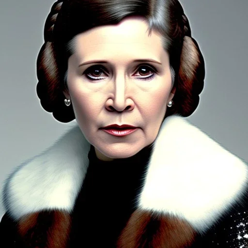 actress carrie fisher with symmetrical short hair, fur coat, 17th century, insanely detailed, 16k resolution, perfect eyes, round pupil, cinematic smooth, intricate detail, painted Renaissance style