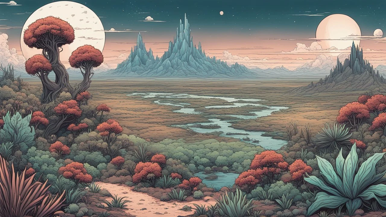 comic style, highly detailed ,gorgeous otherworldly landscape, otherworldly plants