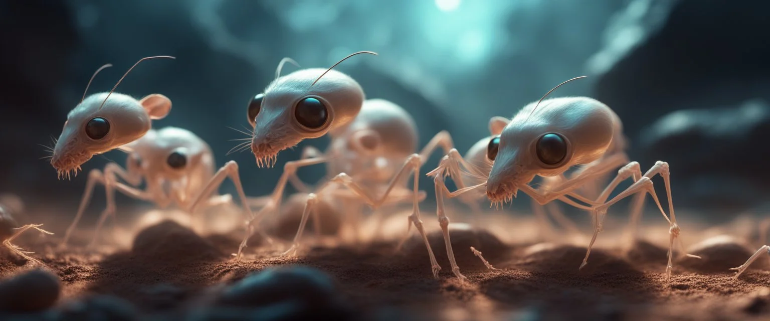 close up on dented glowing transparent ant skeleton rat babies, raised by ninja necromancer in the wild, in surreal landscape