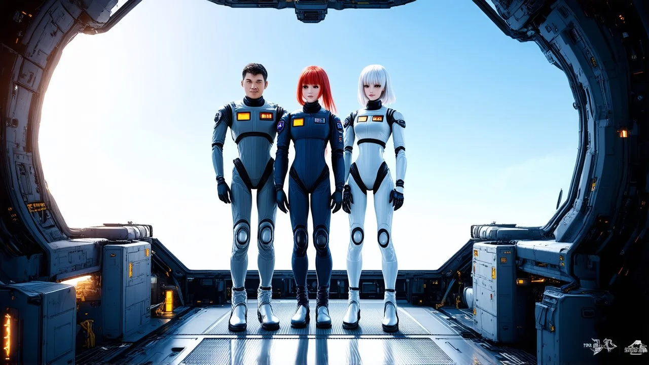 Photorealistic picture of a man in a flight suit with two tall, slender female androids in biosuits, one with red hair and one with white hair, standing on the bridge of a spaceship.