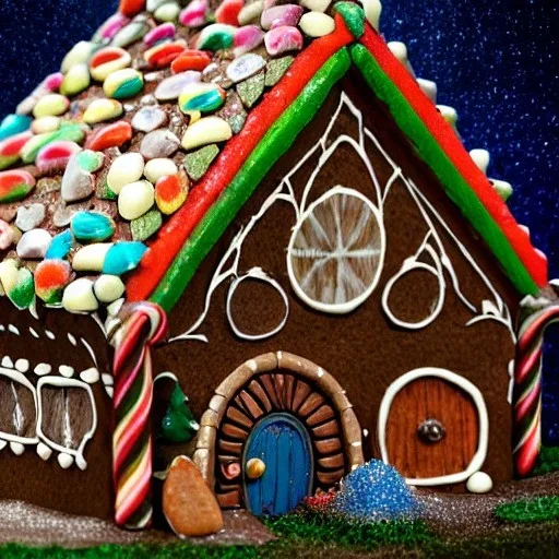 an intricate hobbit-style gingerbread house with rainbow sprinkles, frosting, crushed rock candy, 8k resolution, centered, high-quality, ultrafine-detail, digital art, flickering light, detailed matte, volumetric lighting, illustration, 3D octane render, brian froud, howard lyon, ben goossens, George Grie, greg rutowski, alphonse mucha