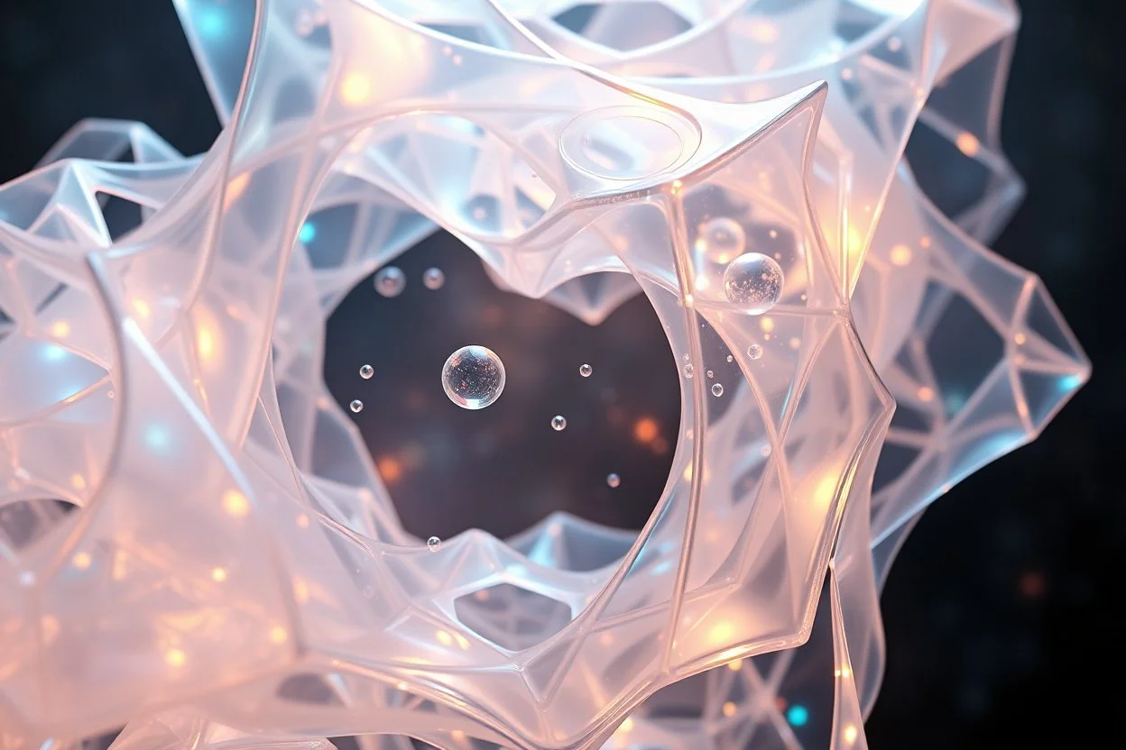 create A picture of 3d complex hypnotic fractal translucent 3D geometry structures evolving and morphing, fluid geometry shifting between organic and geometric forms, iridescent glass material with internal glow and pretty bubbles inside,instances must have random translucent material smooth must capture comple struct , galaxy background, seamless motion, cinematic lighting, generative art style.