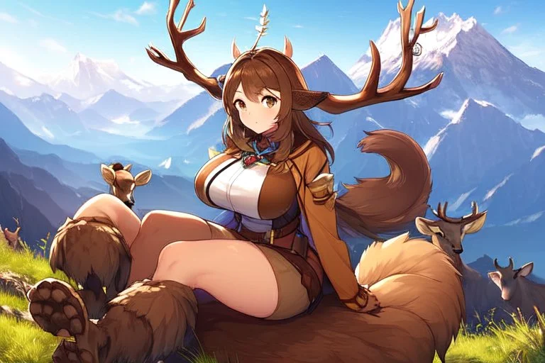 One Girl, mountain, sit , deer hoof foot, brown hair, (2: big breasts), deer face, deer tail,