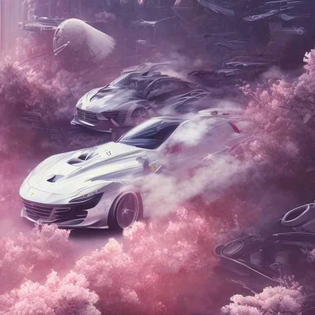 Ferrari blanche, dans un nuage de fleur, concept art, réaliste, synthwave