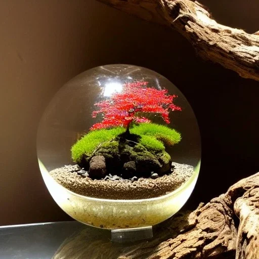 exquisite red maple bonsai terrarium in a glass orb, petrified wood, pebbles, dewdrops, dappled sunlight, linen backdrop